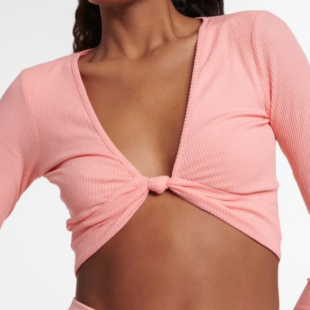 ALO YOGA Pink Ribbed Knotty Long Sleeve Top